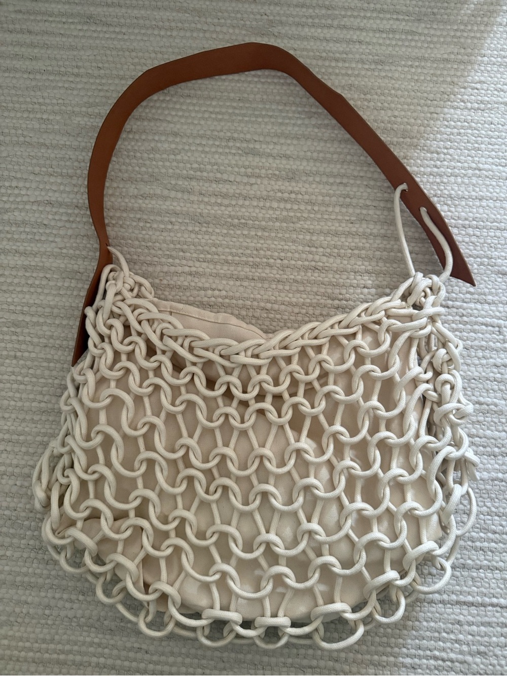 Alienina Woven Rope Shoulder Bag with Leather Strap - Cream